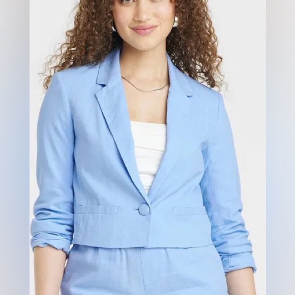🔵 3/$18 - A NEW DAY Women's Linen Blend Cropped Blazer Blue XS NWT